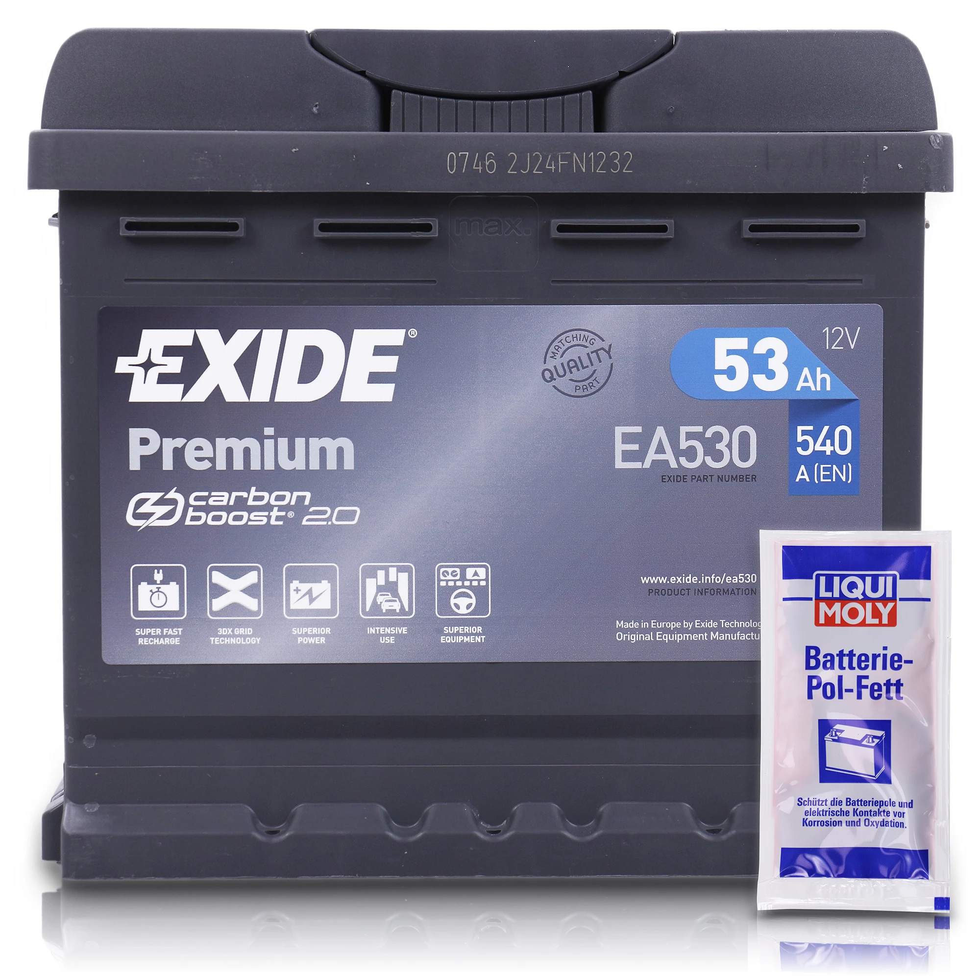 EXIDE EA530 Premium Carbon Boost 53Ah 540A+10g Pol-Fett EA530