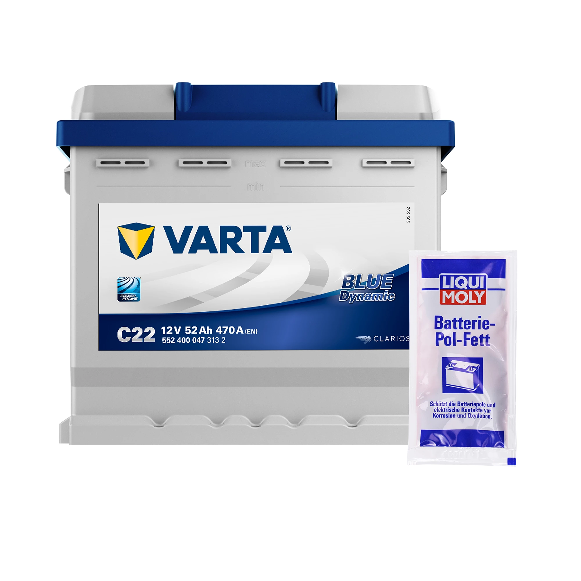 VARTA Starterbatterie Blue 52Ah 470 A C22 + Pol-Fett 10g