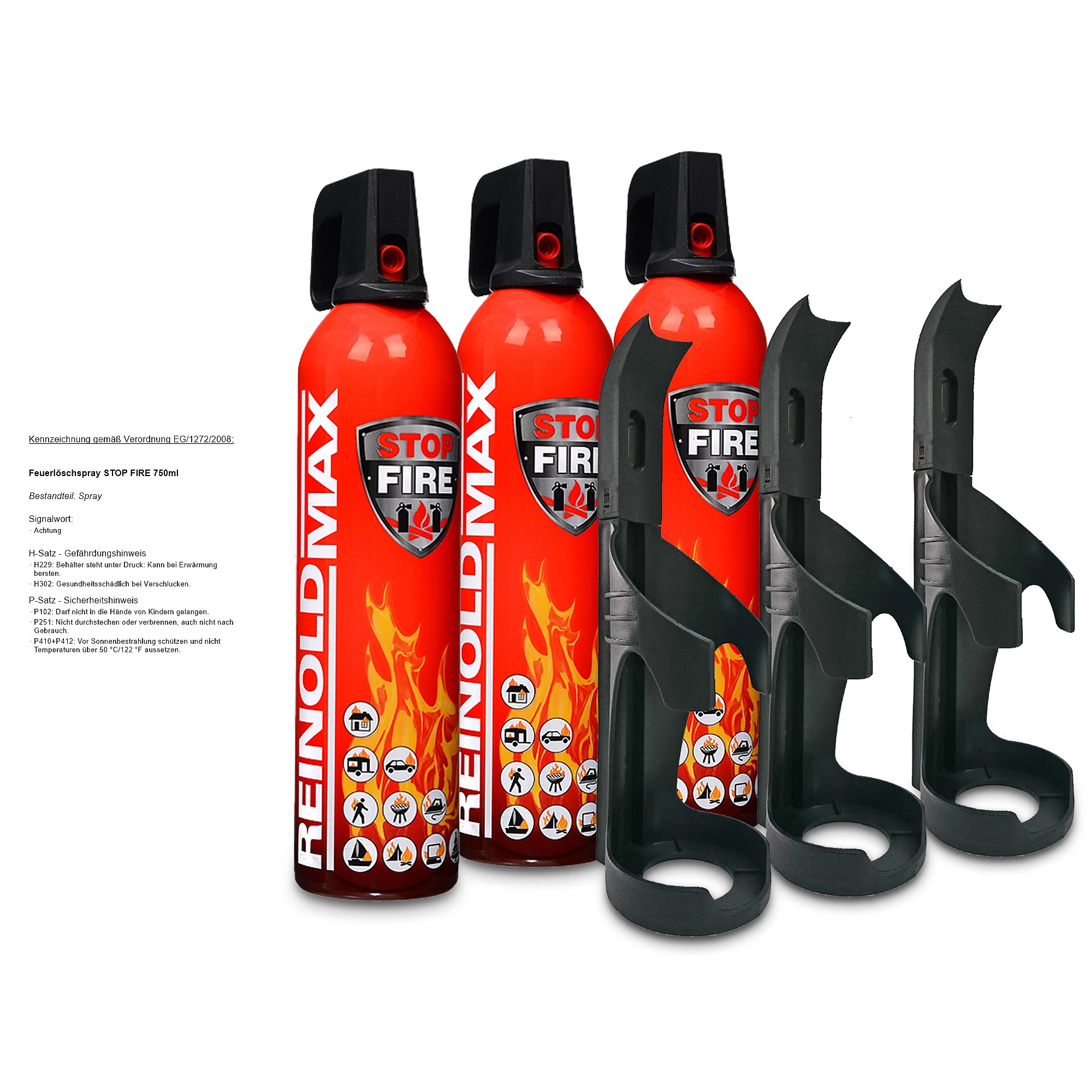 REINOLDMAX 3x 750ml Feuerlöschspray STOP FIRE + 3x Wandhalter RM750 günstig  online kaufen