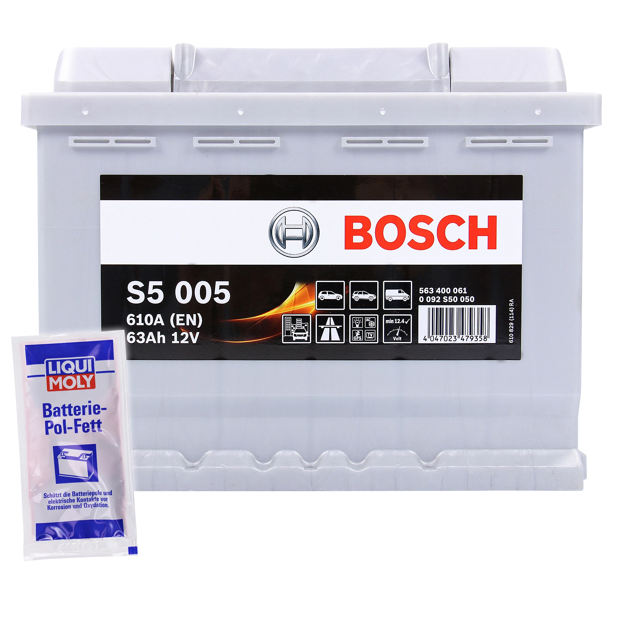 BOSCH Starterbatterie S5 005 63Ah 610A 12V + 10g Pol-Fett
